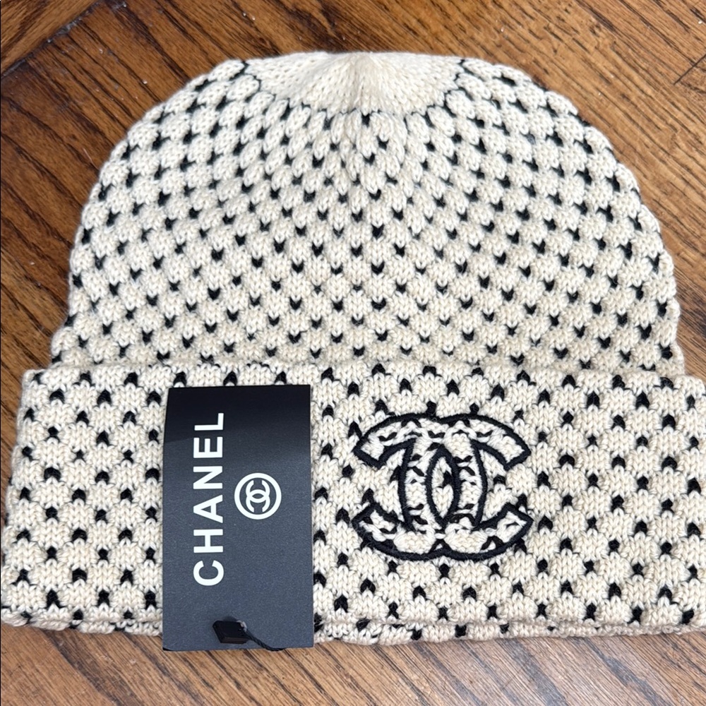 Chanel Cream and Black Knit Beanie